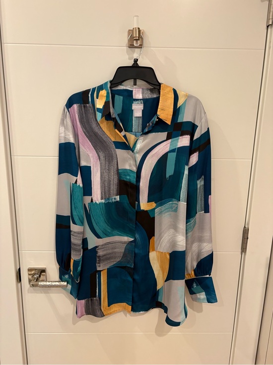 Chico's Tops - Chico's Teal & Gold Abstract Brushstroke Button-Down Shirt